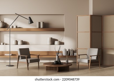 Beige Relax Room Interior With Two Armchairs And Coffee Table, Wooden Shelf With Stylish Decoration And Books, Room Divider. 3D Rendering