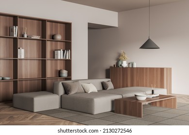 Beige relaxing room interior with sofa and coffee table on carpet, side view, shelf with art decoration, hardwood floor. Drawer with accessories. 3D rendering