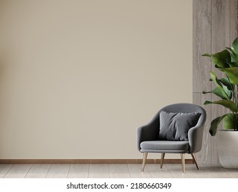 Beige Room Background. Modern Interior Design With Accent Luxury Armchair Furniture. Gray Chair And Parquet As Decor On The Wall. Empty Ivory Wall For Mockup Or Art. 3d Rendering