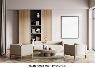 Beige room interior with two armchairs and sofa, wooden bookshelf with books and decoration, carpet and parquet floor. Mockup blank copy space frame poster, 3D rendering