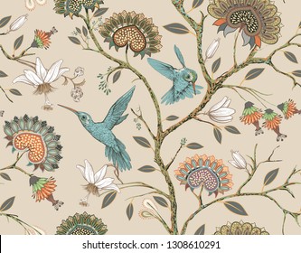 Beige Seamless Pattern With Stylized Flowers And Birds. Blossom Garden With Hummingbirds And Plants. Light Floral Wallpaper With Decorative Flowers. Design For Fabric, Textile, Wallpaper, Cover