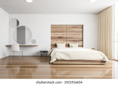 Beige Sleeping Room, Bed And Chair With Desk On Parquet Floor. Minimalist Design Of Bedroom With Coffee Table, Windows With City View, 3D Rendering No People