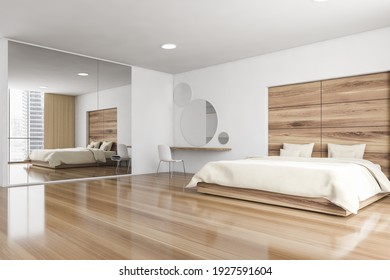 Beige Sleeping Room, Bed And Chair With Desk On Parquet Floor, Side View. Minimalist Design Of Bedroom With Coffee Table, Windows With City View, 3D Rendering No People