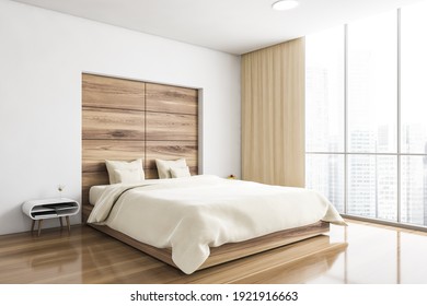 Beige Sleeping Room, Bed With Parquet Floor. Minimalist Design Of Bedroom With Coffee Table, Windows With City View, 3D Rendering No People