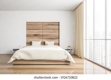 Beige Sleeping Room, Bed With Parquet Floor. Minimalist Design Of Bedroom With Coffee Table, Windows With City View, 3D Rendering No People