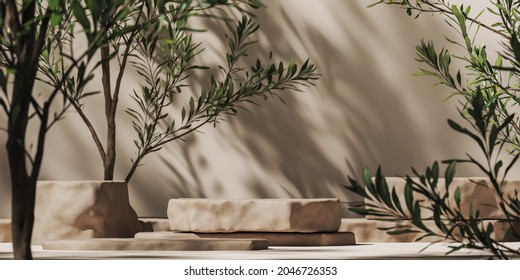 Beige stone slab for product presentation on mockup plants scene, Sunshade and tree shadows on wall, abstract background for product presentation or ads. 3d rendering