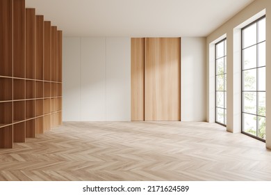 Beige Studio Interior With Hardwood Floor, Front View, Empty Open Space Apartment With Shelf And Panoramic Window On Tropics. No Furniture, No People. 3D Rendering