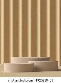 Beige three cylindrical plinth in beige scene corrugated panel background, minimal mockup background for branding and product presentation. 3d rendering