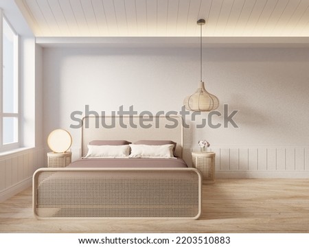 Beige tone empty wall white bedroom with furniture wood. close up, wall mock up, 3d render