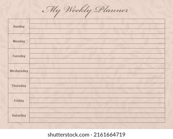 Beige tones paper and leaves motif with place for your Weekly Planner. - Powered by Shutterstock