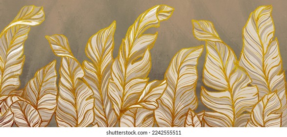 Beige tropical brown leaves, beige background concrete, golden texture. Luxury mural, premium wallpaper. Floral jungle painting illustration, design. Stylish cloth, paper, packaging - Powered by Shutterstock