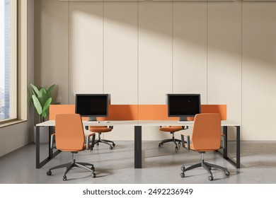 Beige workplace interior with pc computers and tables with dividers, concrete floor. Cozy coworking space with orange armchairs. Plant and panoramic window on Singapore skyscrapers. 3D rendering - Powered by Shutterstock - Get 15% off with code: PIKWIZARD15