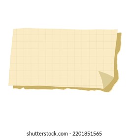 Beige, Yellow Ripped Note Paper With Grid Pattern In Cartoon Hand Drawn Style. Notebook Paper Isolated On White Background With Clipping Path. Reminder Paper Use As Design Element.