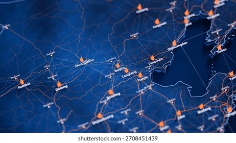 Beijing map big data visualization. Futuristic map infographic of city in China. Visual map data complexity in modern blue and orange colors. 3D Illustration