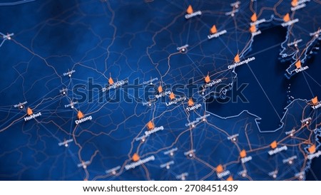 Beijing map big data visualization. Futuristic map infographic of city in China. Visual map data complexity in modern blue and orange colors. 3D Illustration