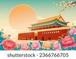 Beijing Tiananmen Square. Mid-Autumn Festival and National Day Chinese style illustration. 