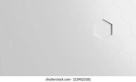 Being different (abstract concept). A pattern of white homogenous hexagons, and one of them is standing out by being slightly displaced. 3d illustration (rendering)