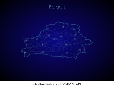 Belarus Concept Map With Glowing Cities And Network Covering The Country, Map Of Belarus Suitable For Technology Or Innovation Or Internet Concepts.