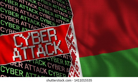 Belarus and Cyber Attack Title Flag Together - 3D illustration Fabric Texture
