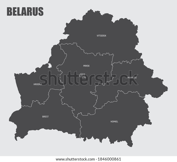 The\
Belarus isolated map divided in regions with\
labels