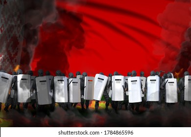 Belarus Protest Stopping Concept, Police Officers In Heavy Smoke And Fire Protecting Country Against Demonstration - Military 3D Illustration On Flag Background