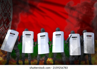 Belarus Protest Stopping Concept, Police Guards In Heavy Smoke And Fire Protecting Order Against Mutiny - Military 3D Illustration On Flag Background