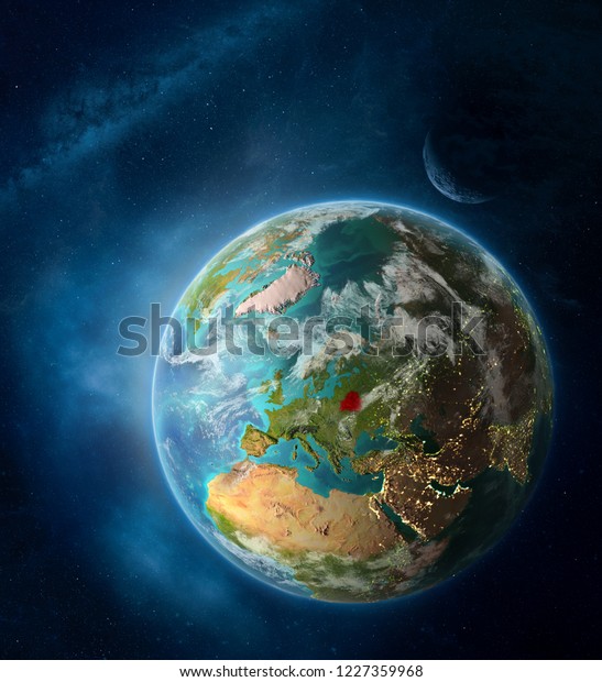 Belarus from space on Earth surrounded by space\
with Moon and Milky Way. Detailed planet surface with city lights\
and clouds. 3D illustration. Elements of this image furnished by\
NASA.