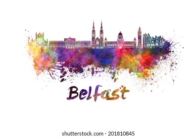Belfast skyline in watercolor splatters with clipping path