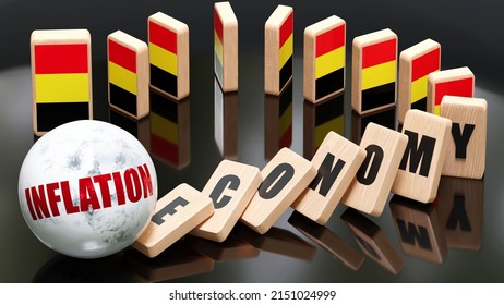 Belgium And Inflation, Economy And Domino Effect - Chain Reaction In Belgium Set Off By Inflation Causing A Crash - Economy Blocks And Belgium Flag, 3d Illustration