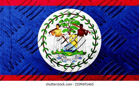 Belize flag on rough metallic surface. 3D image