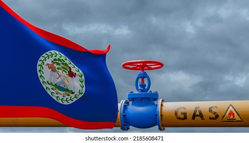 Belize Gas, Valve On The Main Gas Pipeline Belize, Pipeline With Flag Belize, Pipes Of Gas From Belize, 3D Work And 3D Image