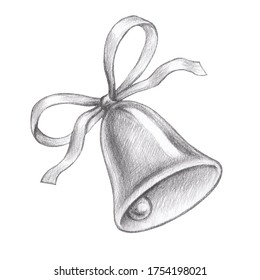 Bell and bow  Black   white illustration  Pencil drawing 