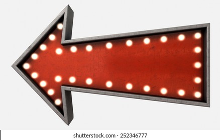 A belle epoque era red vintage arrow sign light by lightbulbs on an isolated white studio background