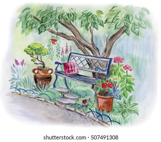 Bench In The Garden Under The Tree. Watercolor Landscape Garden.