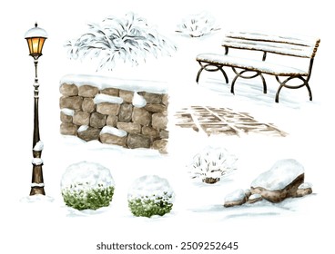 Bench and plants under the snow set, public winter park elements, Hand drawn watercolor illustration, isolated on white background - Powered by Shutterstock