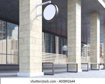 Bench under portico between columns, round signs on columns. Side view. Concept of bus stop. Mock up. 3D rendering