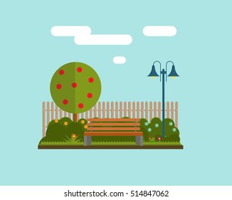 Bench under a tree in the park. Flat style  illustration. 