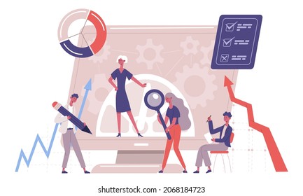 Benchmarking company business improvement comparison. Business competitor companies, company development analysis  illustration. Benchmark business testing, analyzing with magnifier