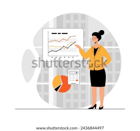 Benchmarking concept. Benchmark business development. Analysis financial statistics, data, graph, chart, report of a leader competitor's company. Illustration with people scene in flat design for web