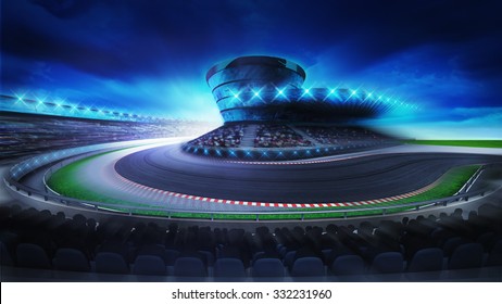 Bend On The Racetrack With Fans On The Stands At The Front, Racing Sport Digital Background Illustration