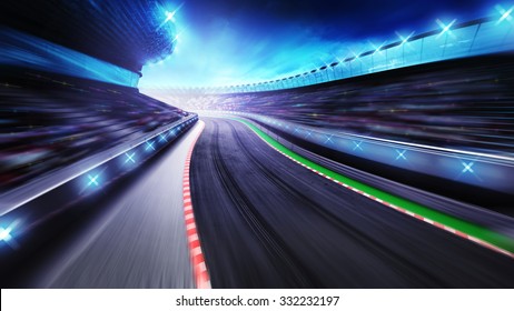 Bended Asphalt Racetrack With Stands Around, Racing Sport Digital Background Illustration