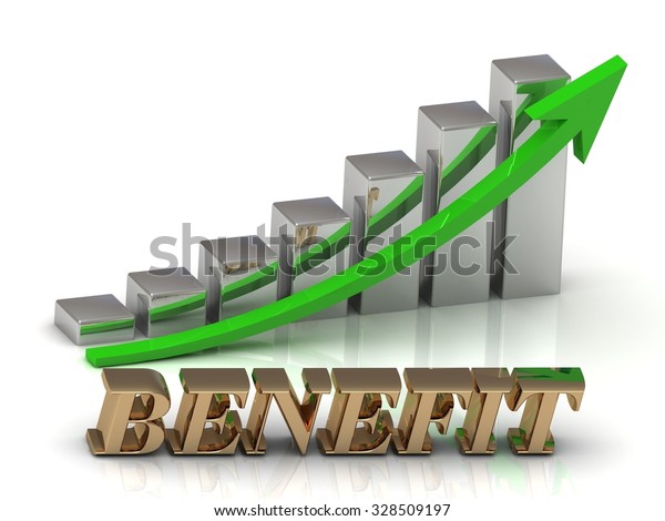 BENEFIT- inscription of gold letters and
Graphic growth and gold arrows on white
background