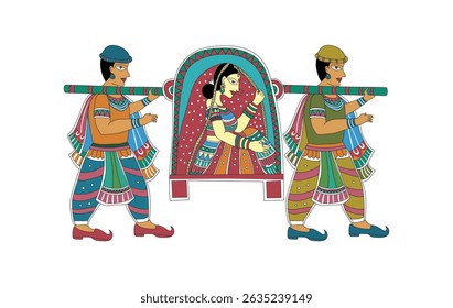 Bengali folk vector showing bride in a palanquin carried by two men. Traditional Indian cultural wedding artwork, ideal for ethnic and festive projects. Folk style vector of Bengali bride riding 
