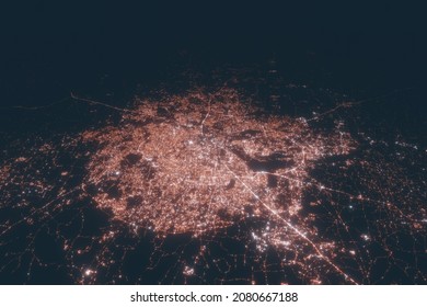 Bengaluru Aerial View At Night. Top View On Modern City With Street Lights. Satellite View With Glow Effect