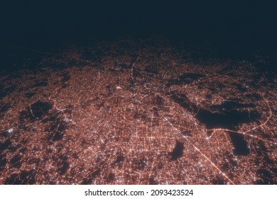 Bengaluru Aerial View At Night. Top View On Modern City With Street Lights. Satellite View With Glow Effect