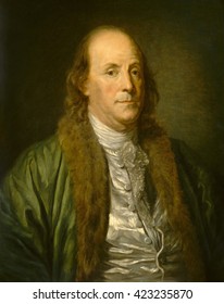 Benjamin Franklin, by Jean-Baptiste Greuze (copy) 1777, French painting, oil on canvas. Franklin sat for the painter Jean-Baptiste Greuze in 1777, soon after his arrival in France