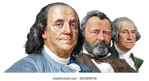 Benjamin Franklin, Ulysses S. Grant and  George Washington cut on 100, 50, 1 dollars banknote isolated on white background