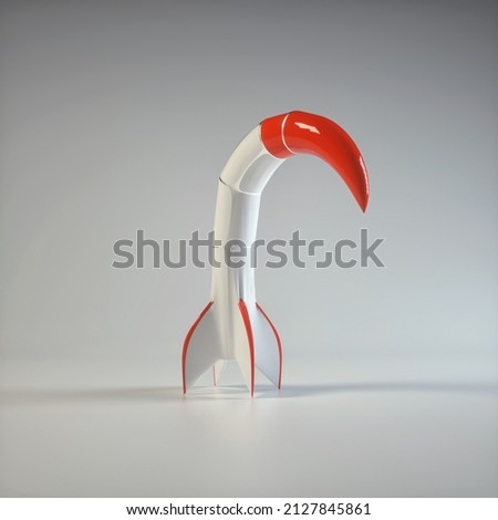 Bent rocket on white background . Business failure and start up plan concept . This is a 3d render illustration 