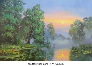 bent trees by the river during sunrise,oil painting, fine art, handmade painting, park, water, tree, landscape, river, nature