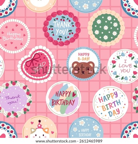 Bento cakes seamless pattern. Repeated cute Asian sweets, Korean mini pastry, birthday party treat, tasty desserts. Decor textile, wrapping paper, wallpaper. Print for fabric tidy vector background